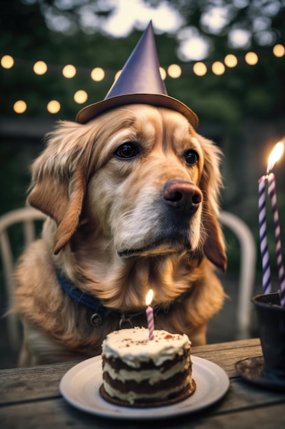 Huisdier verjaardagsfeestje Golden retriever hond viert verjaardag met feestelijke taart AI generatieve illustratie