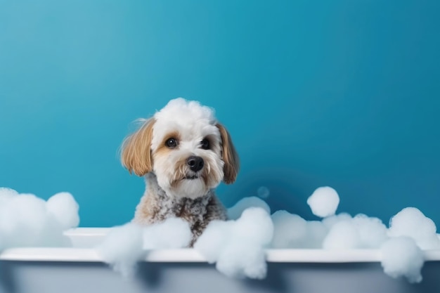 Huisdier wassen Leuke hond in bad op blauwe achtergrond Generatieve AI