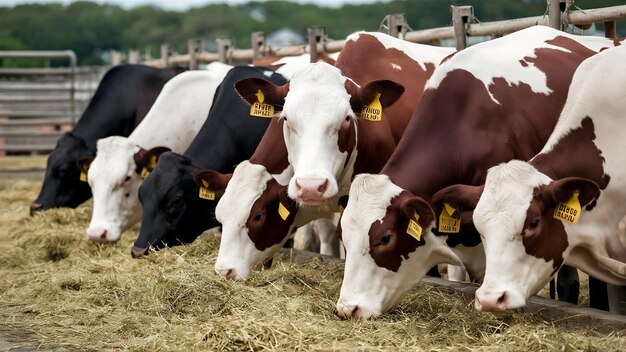 Huisdieren eten hooi op een veeboerderij