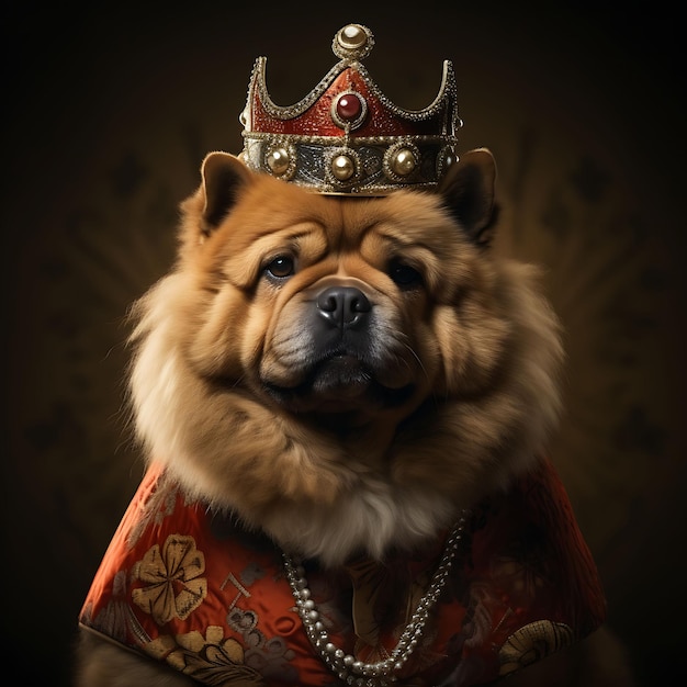 Huisdierportret van een zelfverzekerde Chow Chow hond die trots staat met een serieus verjaardagskostume van een ex-partij