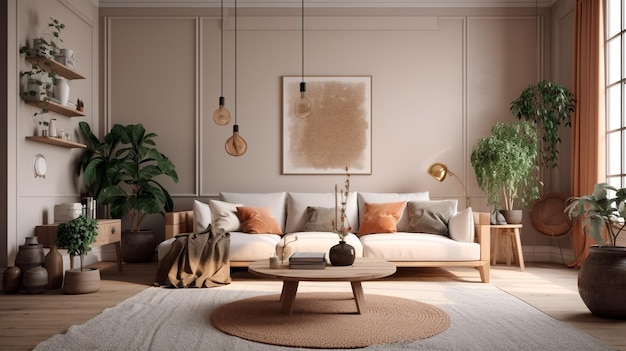 Huiselijk en gezellig interieur van woonkamer met beige sofa planten plank salontafel bouclé tapijt mock up poster frame bijzettafel plant en elegante decoratie Beige muur Generatieve AI