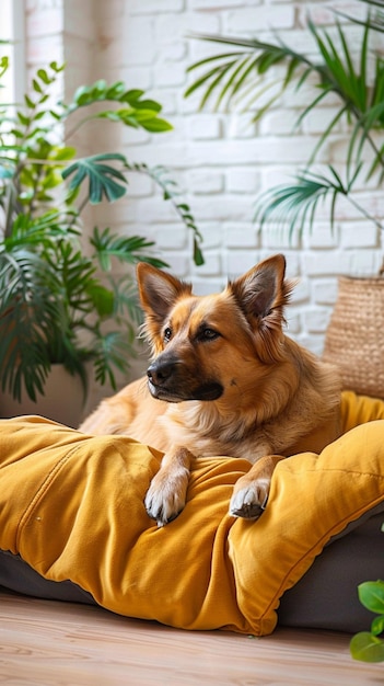 Huiselijke scène Leuke hond rust op bed omringd door planten Verticale mobiele behang