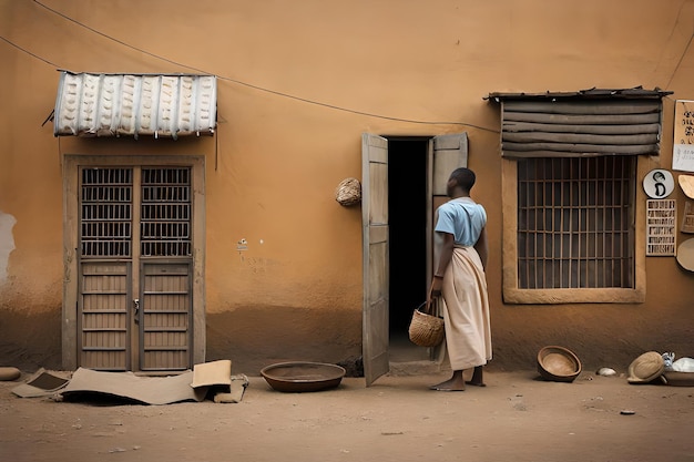 Huisfacades en winkels voor de winkel in een arme Afrikaanse straat