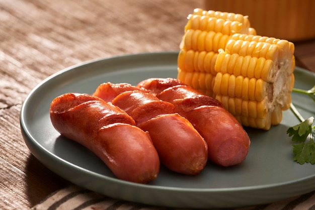 Huisgegrilde worstjes op een donkere plaat, een vleesgerecht op een donkere houten tafel, warme worstjes met kruiden en zout in een huiskeuken, kopieerruimte, rustieke stijl, kunst