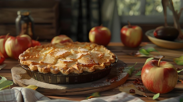 Foto huisgemaakte appeltaart op een rustieke houten tafel gezellige keukenatmosfeer verse appels en ingrediënten culinaire verrassingen en tradities ai