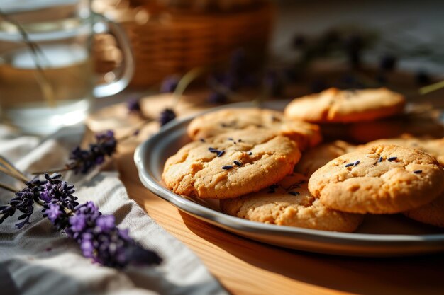 Huisgemaakte aromatische lavendelkoekjes in de zonnige keuken Generatieve AI