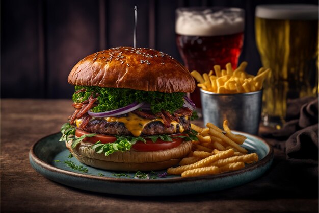 Foto huisgemaakte beef burger met krokant bacon, kaas, groenten, friet en bier, generative ai