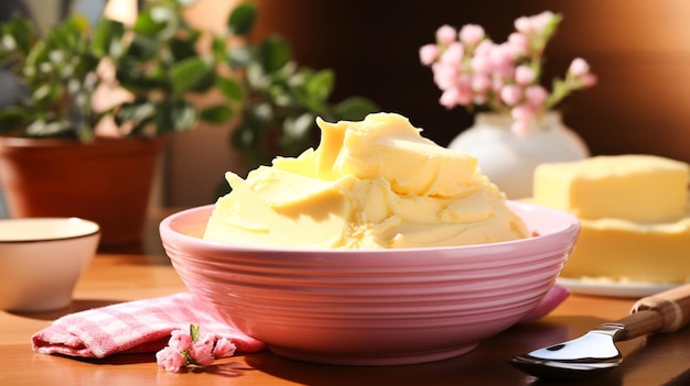 Huisgemaakte boter in een schaal op roze achtergrond
