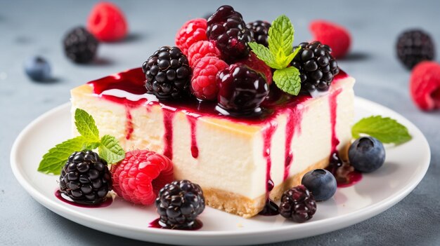 Huisgemaakte cheesecake met verse bessen en munt als dessert Generatieve AI