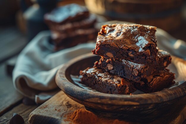 Foto huisgemaakte chocoladebrownies en een kop thee op een bord.