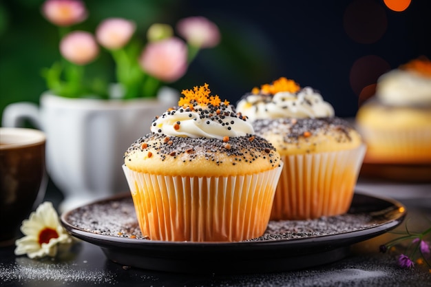 Foto huisgemaakte citroen papaverzaad muffins makkelijk recept concept op wazige keuken achtergrond met kopieerruimte