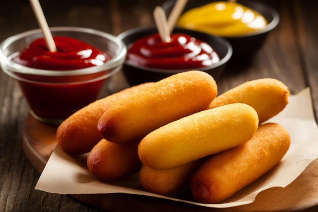 Huisgemaakte corn dogs eten Snack saus plakjes vlees gourmet Generate Ai