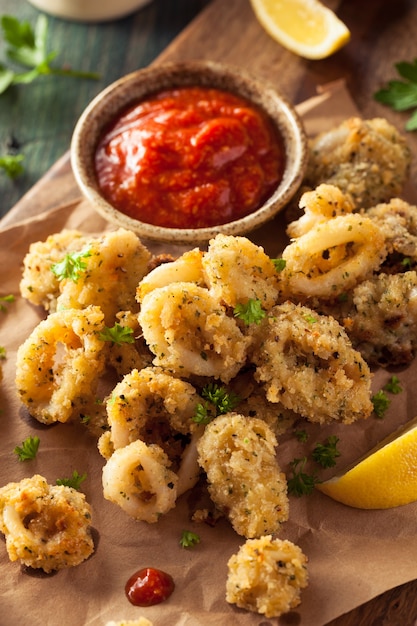 Huisgemaakte gefrituurde calamares met tomatensaus