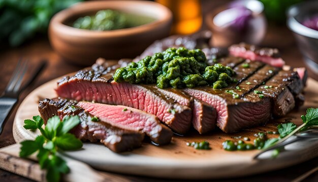 Huisgemaakte gekookte roksteak met chimichurri