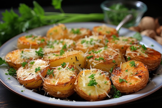 Huisgemaakte geroosterde knoflookparmesan aardappelen in een bakplaat