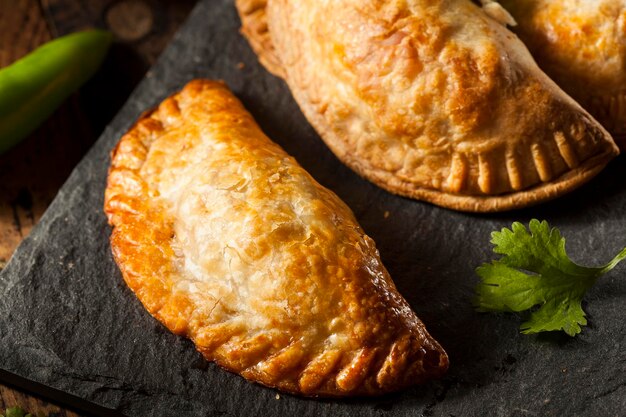 Huisgemaakte gevulde kip empanadas op een achtergrond