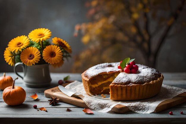 Foto huisgemaakte gezonde thanksgiving pumpkin pie met whipped cream