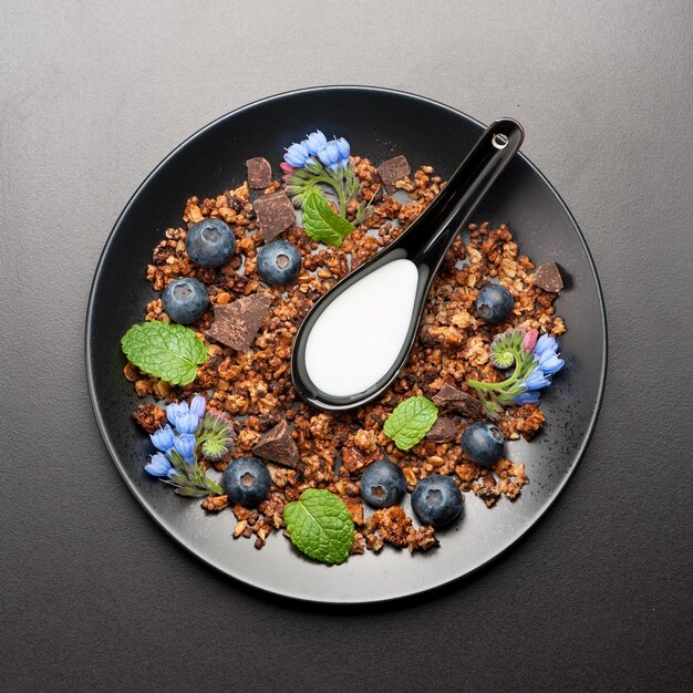 Huisgemaakte granola met chocolade en bosbessen bovenaanzicht