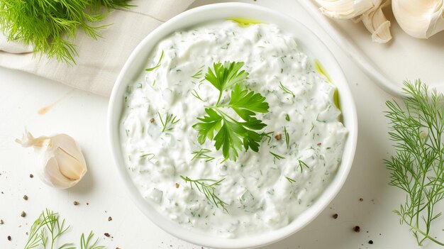 Foto huisgemaakte griekse tzatziki saus in een glazen schaal met ingrediënten en gesneden brood generative ai