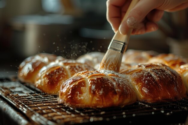 Huisgemaakte hot cross buns worden geborsteld met een suikerwas