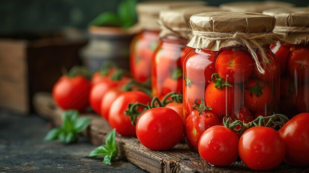 Huisgemaakte ingeblikte tomaten in glazen potten op een donkere rustieke achtergrond