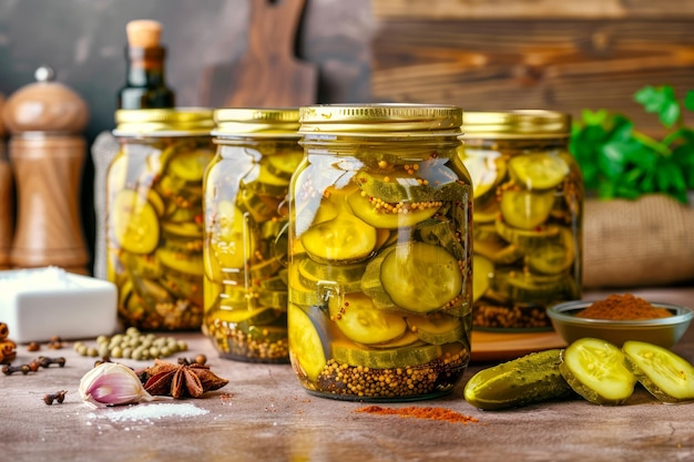 Huisgemaakte ingelegde komkommers in glazen potten met specerijen en kruiden op een rustieke houten achtergrond