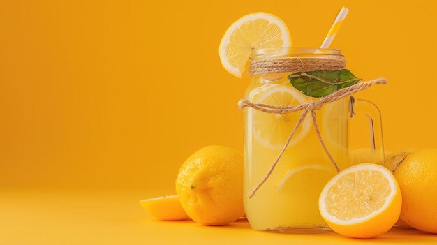 Huisgemaakte limonade in een pot met citroenen en gestreepte stro op een geel oppervlak