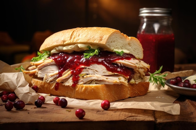 Foto huisgemaakte overgebleven thanksgiving sandwich met kalkoen cranberry saus en groenten