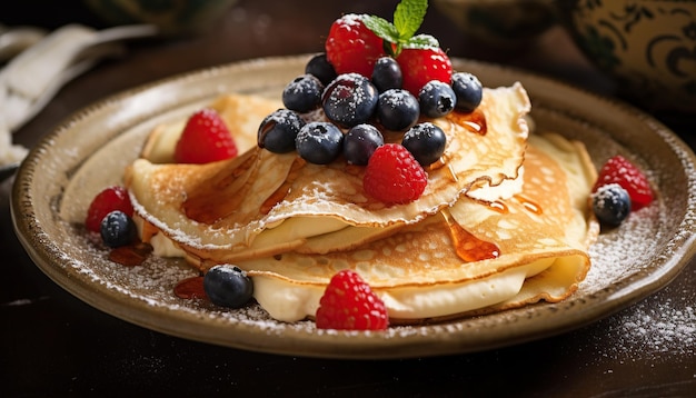 huisgemaakte pannenkoeken met honingsiroop, bessenfruit en karnemelkboter