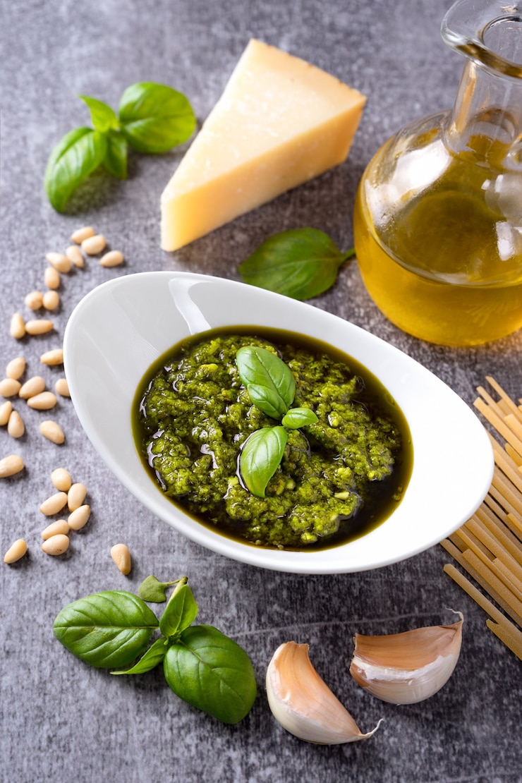 Foto huisgemaakte pestosaus met ingrediënten. saus pesto in witte kom met basilicum, olijfolie, pijnboompitten en parmezaanse kaas op grijze betonnen ondergrond