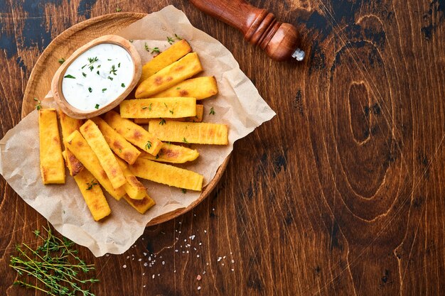 huisgemaakte polenta frites frites met zeezout, parmezaan, tijm, rozemarijn met yoghurtsaus