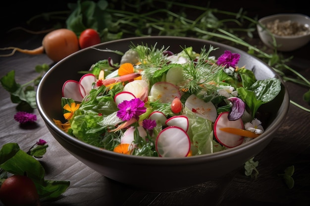 Huisgemaakte salade met vers geplukte groenten en kruiden gegarneerd met knapperige radijs