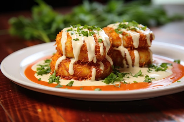 Huisgemaakte saus met krabkoekjes.