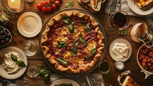 Huisgemaakte tomaten- en basilicumtaart op de eettafel