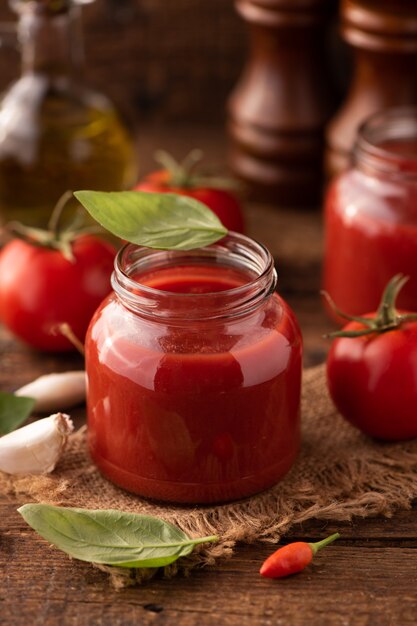 Huisgemaakte tomatensaus in een potje op een houten tafel