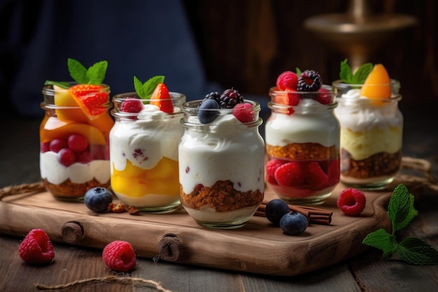 Huisgemaakte yoghurt met fruit in glazen potten gemaakt met generatieve ai