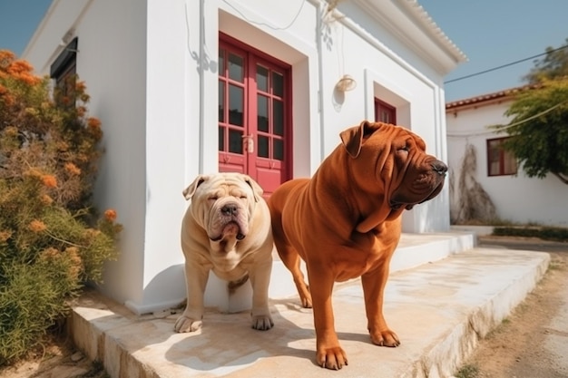 Huishond Shar Pei rode kleur en een grote witte hond wandelen in de tuin van een huis in Griekenland