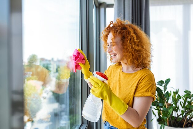 Huishoudelijk werk en huishoudelijk concept gelukkige vrouw in handschoenen die het raam thuis schoonmaakt met vod en reinigingsmiddel