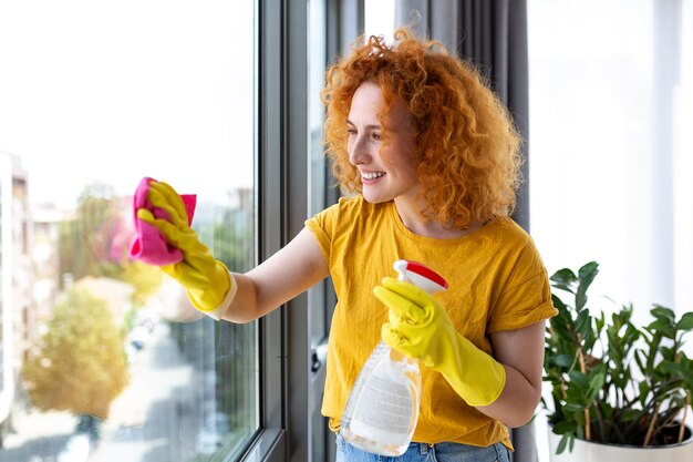 Huishoudelijk werk en huishoudelijk concept gelukkige vrouw in handschoenen die het raam thuis schoonmaakt met vod en reinigingsmiddel