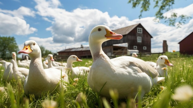 Huishoudelijke ganzen grazen op de boerderij op de achtergrond