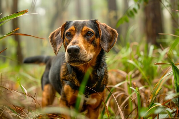 Huishoudelijke hond die het weelderige groene bos verkent en nieuwsgierig staart te midden van hoog gras Portret van een