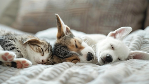 Foto huishoudelijke huisdieren grappige vriendelijke kat en hond slapen samen in bed ai gegenereerde afbeelding