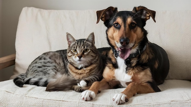 Huishoudelijke kat die op de schoot van een bruine hond ligt op een wit oppervlak