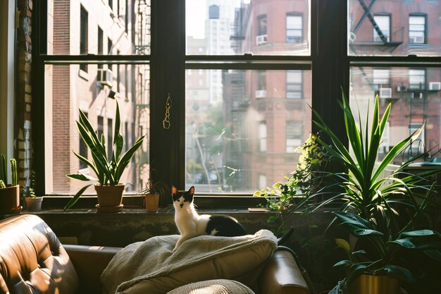 Foto huishoudelijke kat in een gezellige hedendaagse appartement woonkamer interieur vintage stijl