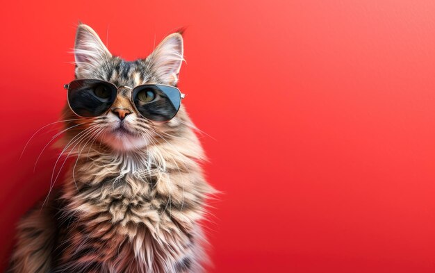 Huishoudelijke langharige kat met een zonnebril op een professionele achtergrond