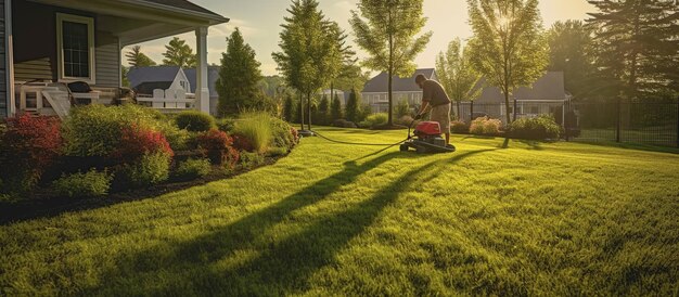 Huishoudelijke tuinier die het gazon in de achtertuin snoeit