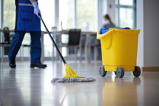 Foto huishoudster die een kantoorvloer schoonmaakt closeup cleaner werkt huishoudelijke schoonmaakt de vloeren reinigingsconcept generatieve ai illustratie