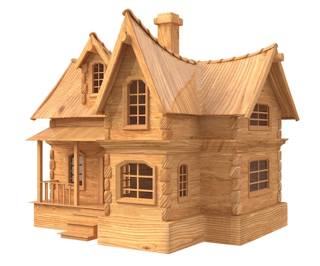 Huisillustratie met een decoratief dak, een schoorsteen en een gevel