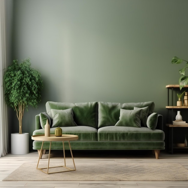 Huisinterieurmodel met groene salontafel en decor