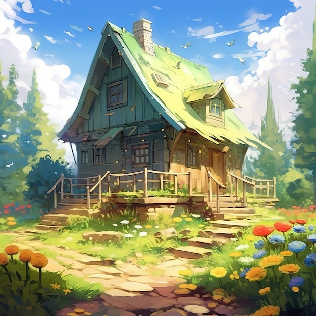 huisje in bloementuin illustratie